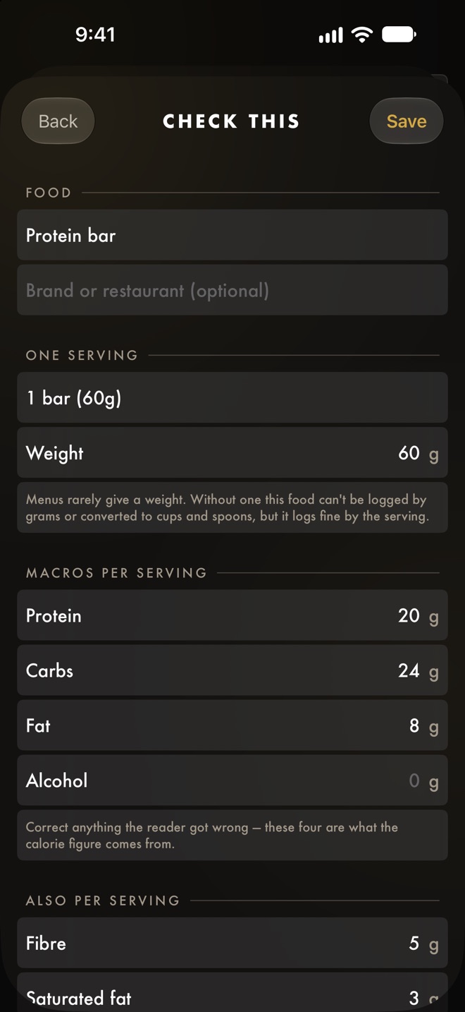 A protein bar read from its label: one bar of 60 g, 20 g protein, 24 g carbs, 8 g fat, 5 g fibre, ready to check and save.
