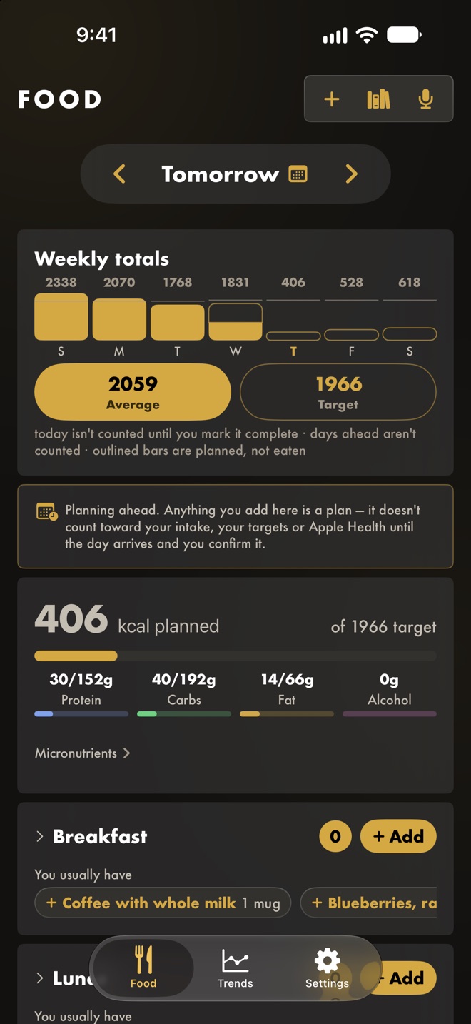 Tomorrow's page: a note that planned food doesn't count until confirmed, 406 kcal planned of a 1,966 target, and suggestions of what you usually have for breakfast.