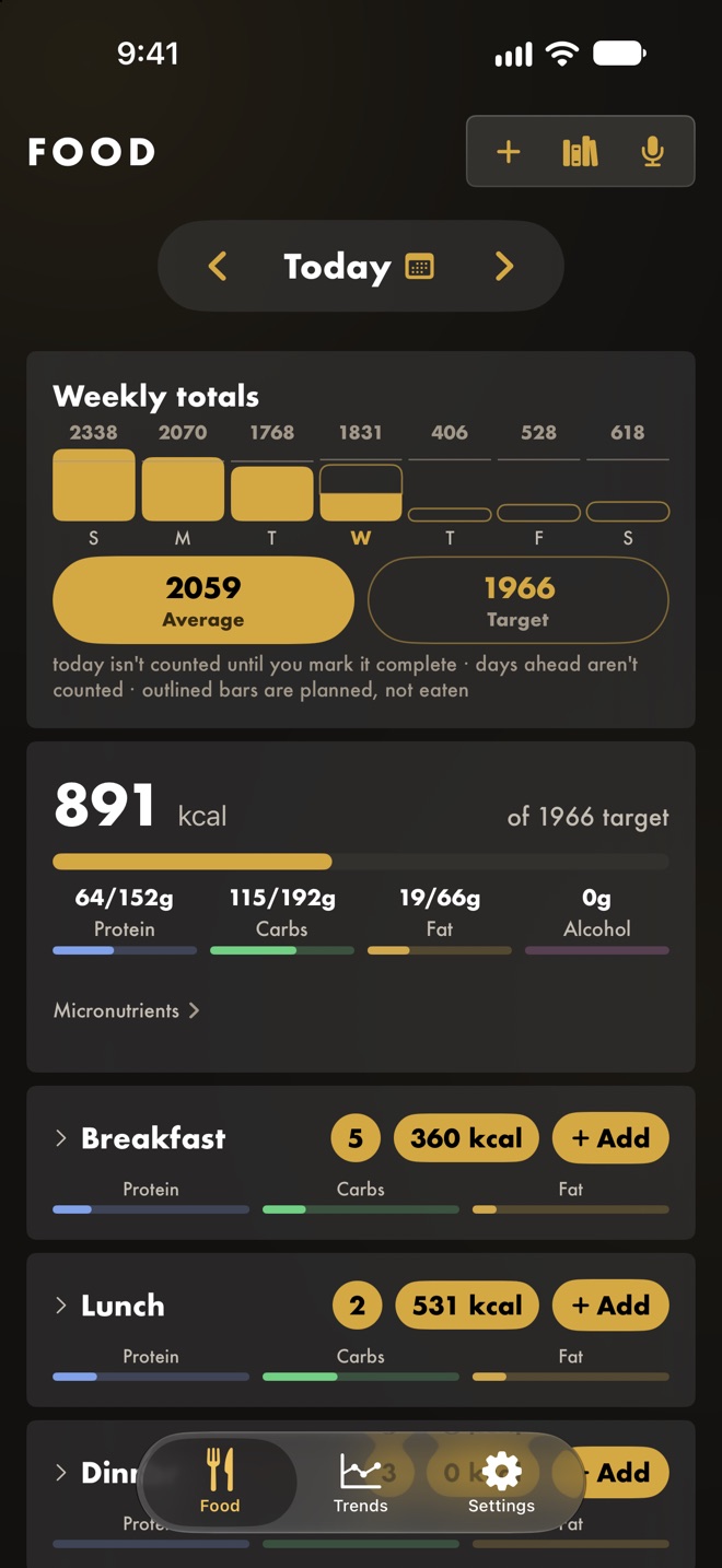 FuelKit's Food screen: the week's totals with a 2,059 average against a 1,966 target, and today at 891 of 1,966 kcal with protein, carbs and fat bars.