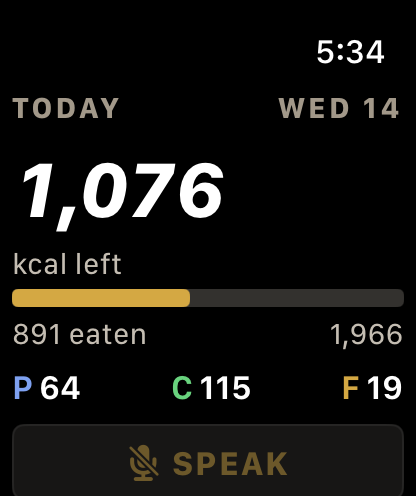Apple Watch: 1,076 kcal left today, 891 eaten of 1,966, protein 64 g, carbs 115 g, fat 19 g, and a Speak button.