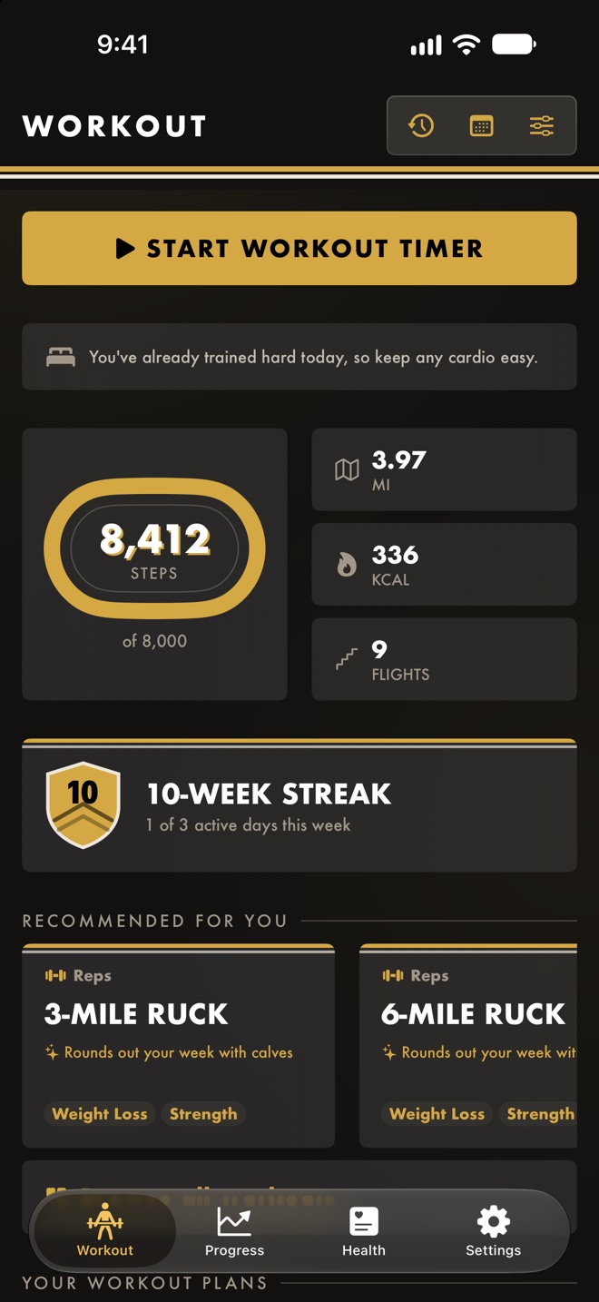 LiftKit's Workout screen: a Start Workout Timer button, today's steps, distance, calories and flights, a 10-week streak, and recommended workouts.