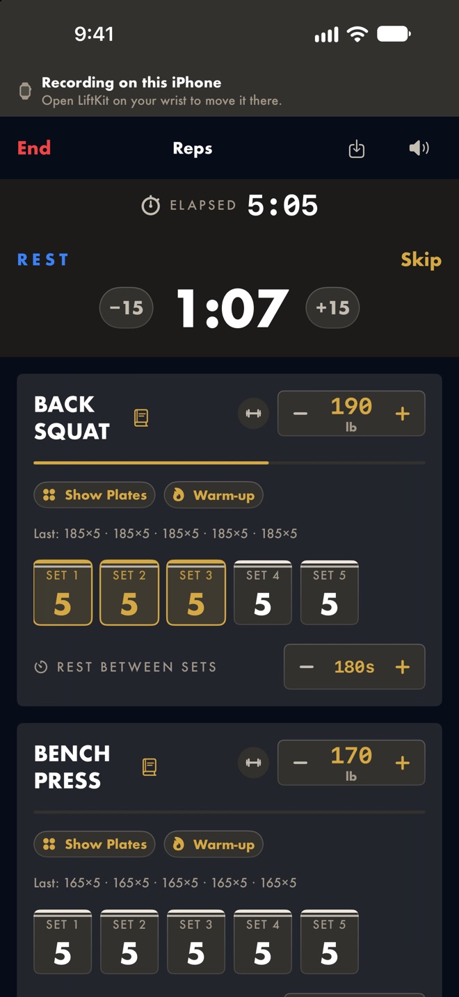 A Back Squat in progress: a rest countdown of 1:07 with −15 and +15 buttons, 190 lb on the bar, three of five sets logged, and last session's sets listed.