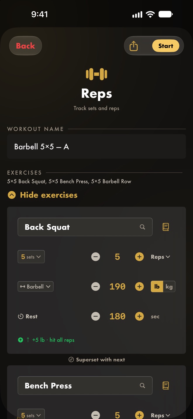 Setting up Barbell 5×5 — A: Back Squat at 5 sets of 5, 190 lb, 180 seconds rest, with a green suggestion reading +5 lb, hit all reps.