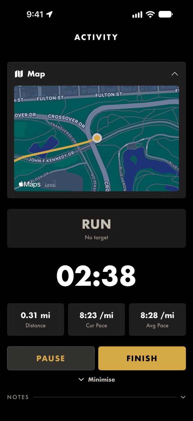 A run in progress: a map with the route drawn in gold, 2:38 elapsed, 0.31 mi, current pace 8:23 per mile, average pace 8:28 per mile, with Pause and Finish buttons.