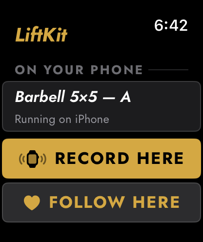 Apple Watch: Barbell 5×5 — A running on iPhone, with Record Here and Follow Here buttons.