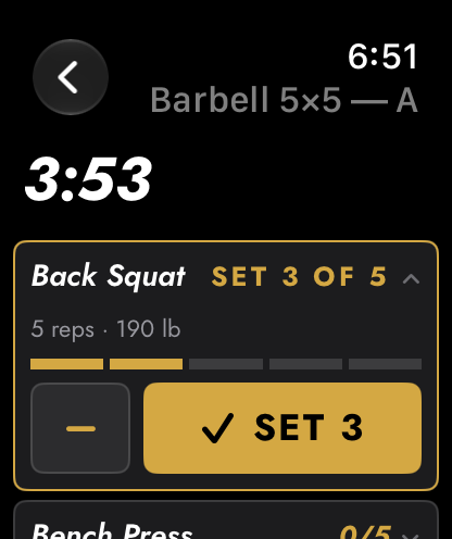 Apple Watch: Back Squat, set 3 of 5, 5 reps at 190 lb, with a button to log set 3.