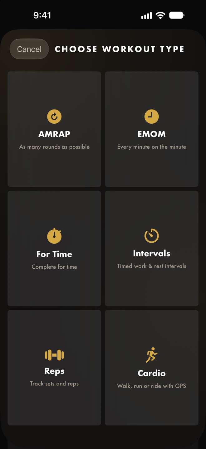 Choose Workout Type: AMRAP, EMOM, For Time, Intervals, Reps, and Cardio (walk, run or ride with GPS).